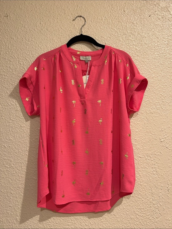 Chenault Tops - Chenault Coral Pink Short Sleeve V-Neck Blouse with Gold Pineapple Motif